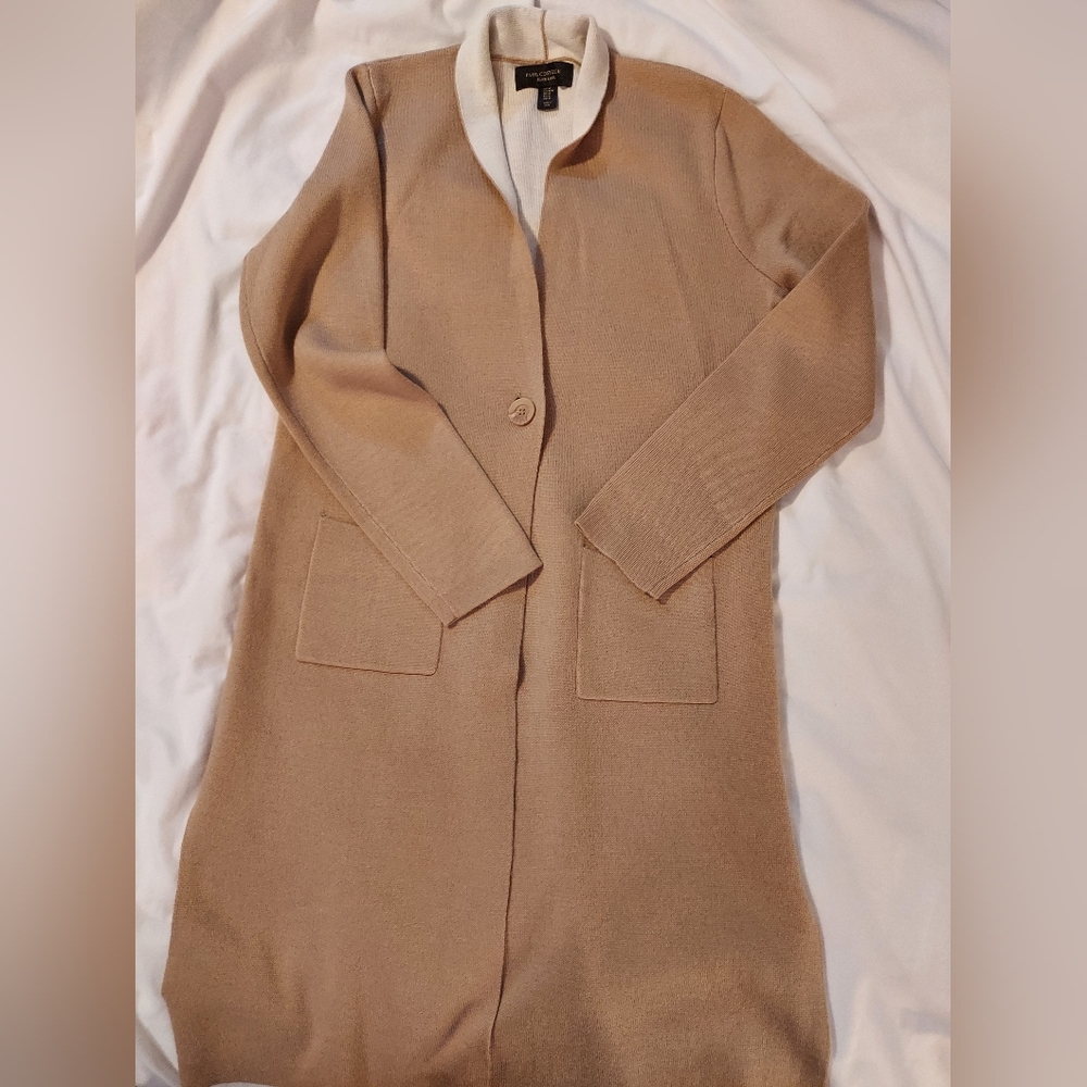 Elegant Minimalist Beige Wool Blend Women's Long Cardigan - Picture 7 of 7